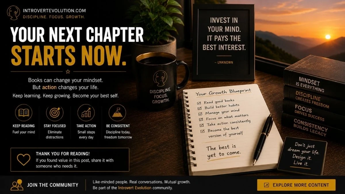 Cinematic personal growth workspace with books, journal, coffee, and motivational mindset quotes symbolizing discipline, focus, consistency, and self-improvement by IntrovertEvolution.com.