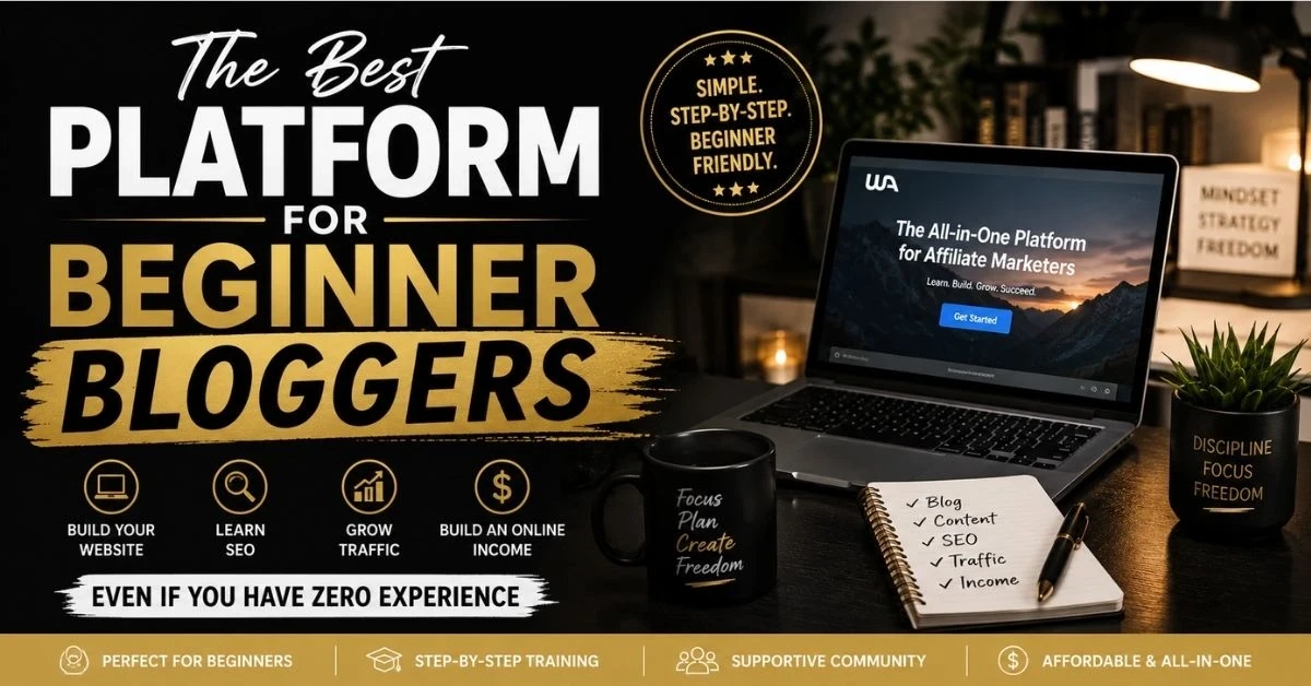 Modern blogging workspace with laptop, productivity setup, and beginner blogging platform concept in black and gold style promoting blogging, SEO, and affiliate marketing for beginners.