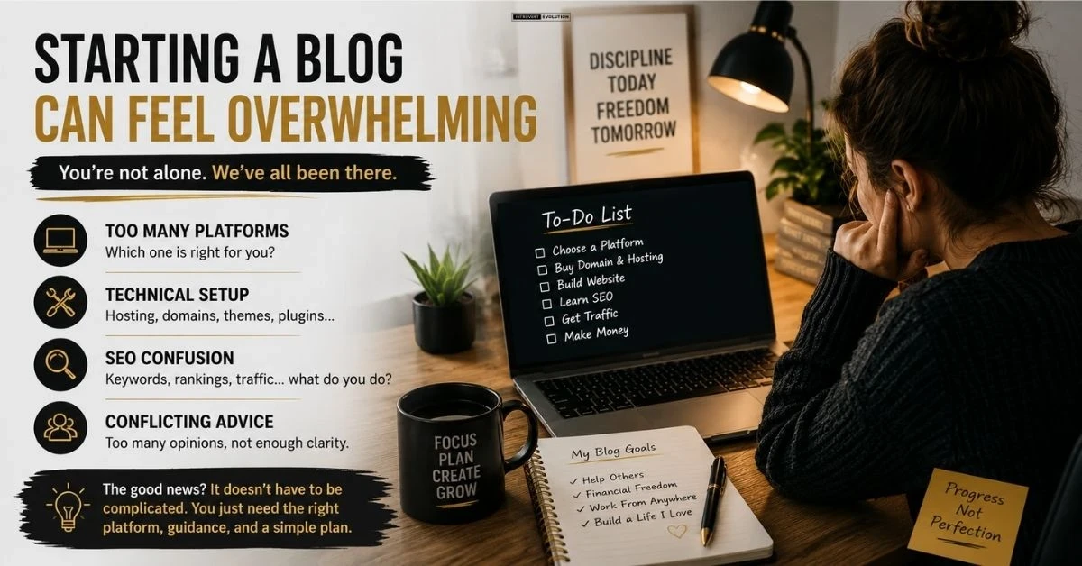 Beginner blogger feeling overwhelmed while learning blogging, SEO, website building, and affiliate marketing from a home workspace.