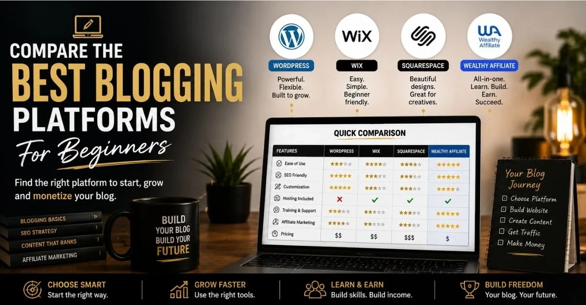 Comparison of beginner blogging platforms including WordPress, Wix, Squarespace, and Wealthy Affiliate in a modern blogging workspace setup.
