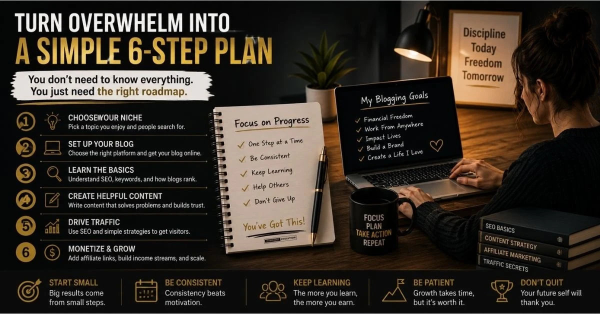 Step-by-step beginner blogging roadmap showing how to start a blog, learn SEO, grow traffic, and build an online income stream.