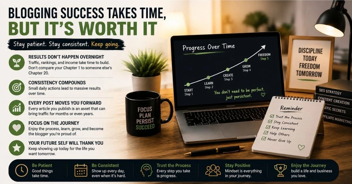 Motivational blogging growth image showing consistency, patience, SEO learning, and long-term blogging success from a home workspace.