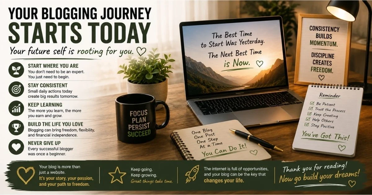 Motivational blogging workspace image encouraging beginners to start a blog, learn SEO, stay consistent, and build an online income.