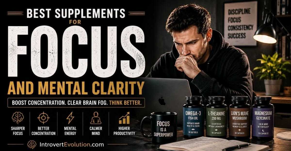 Person working at a desk with focus supplements for mental clarity, concentration, brain fog support, and productivity in a dark cinematic workspace.
