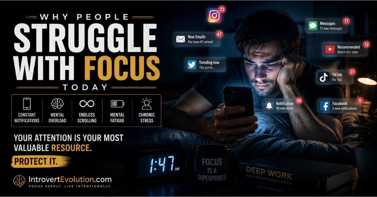 Person overwhelmed by phone notifications and doomscrolling late at night, representing mental overload, overstimulation, distraction, and focus problems in modern life.
