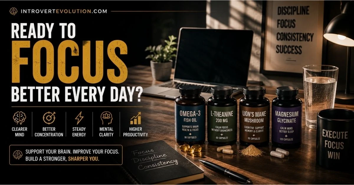 Minimalist desk setup with focus supplements, laptop, hydration, and productivity tools representing mental clarity, concentration, and daily focus improvement.