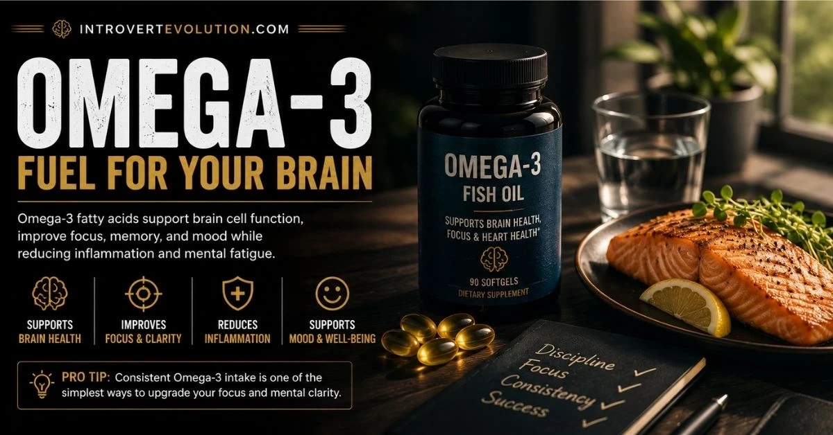 Omega-3 fish oil supplements with salmon, hydration, and productivity workspace representing brain health, focus, mental clarity, and cognitive performance.