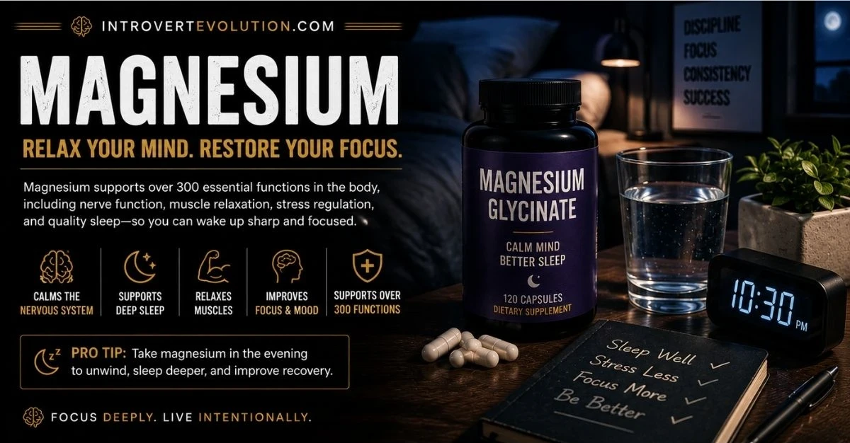 Magnesium glycinate supplement beside a calm nighttime bedroom setup representing relaxation, stress reduction, sleep support, recovery, and improved mental clarity.