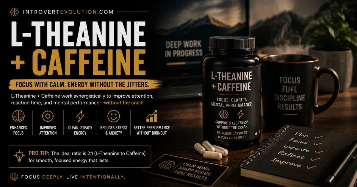 L-theanine and caffeine supplements beside a coffee mug and productivity workspace representing calm focus, mental clarity, deep work, and smooth energy without jitters.
