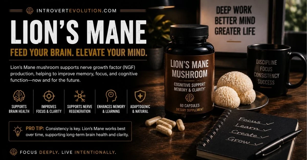 Lion’s Mane mushroom supplement beside a deep work productivity setup representing cognitive support, memory, mental clarity, focus, and long-term brain health.