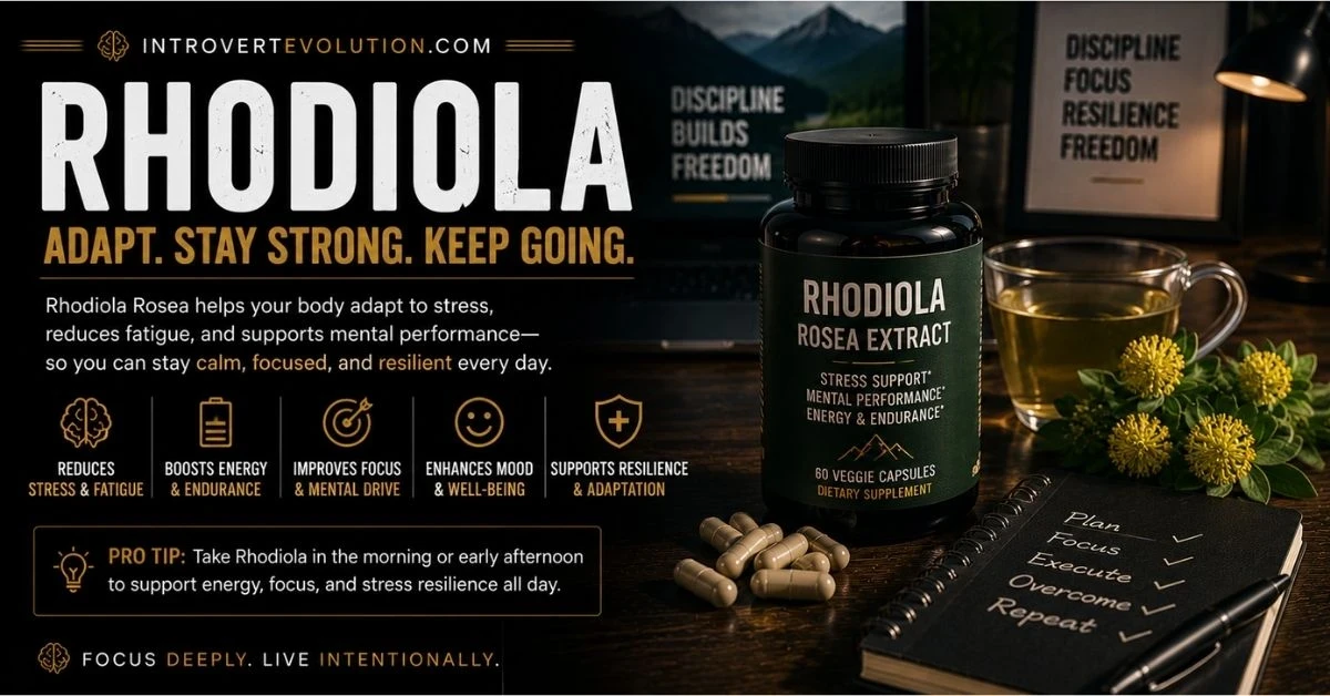 Rhodiola Rosea supplement beside a productivity workspace representing stress resilience, mental energy, focus, endurance, and calm performance under pressure.