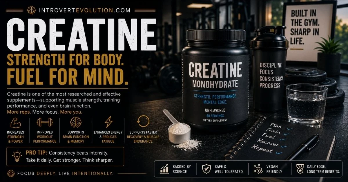 Creatine monohydrate supplement beside a gym and productivity setup representing strength, mental energy, focus, recovery, and cognitive performance.