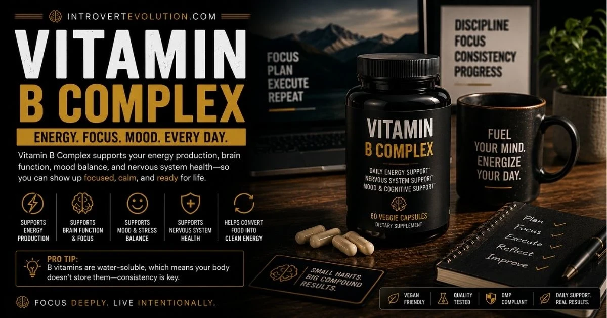 Vitamin B Complex supplement beside a productivity workspace representing energy production, mental focus, mood balance, nervous system support, and cognitive performance.