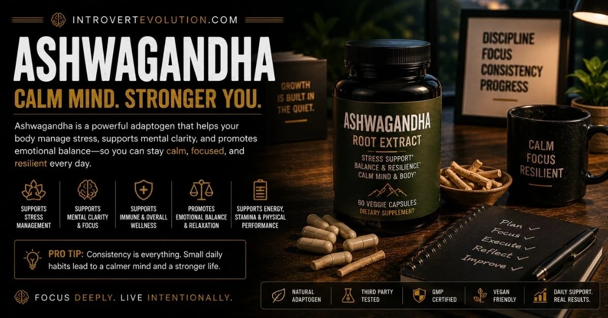 Ashwagandha supplement beside a calm productivity workspace representing stress support, emotional balance, mental clarity, resilience, and focused living.