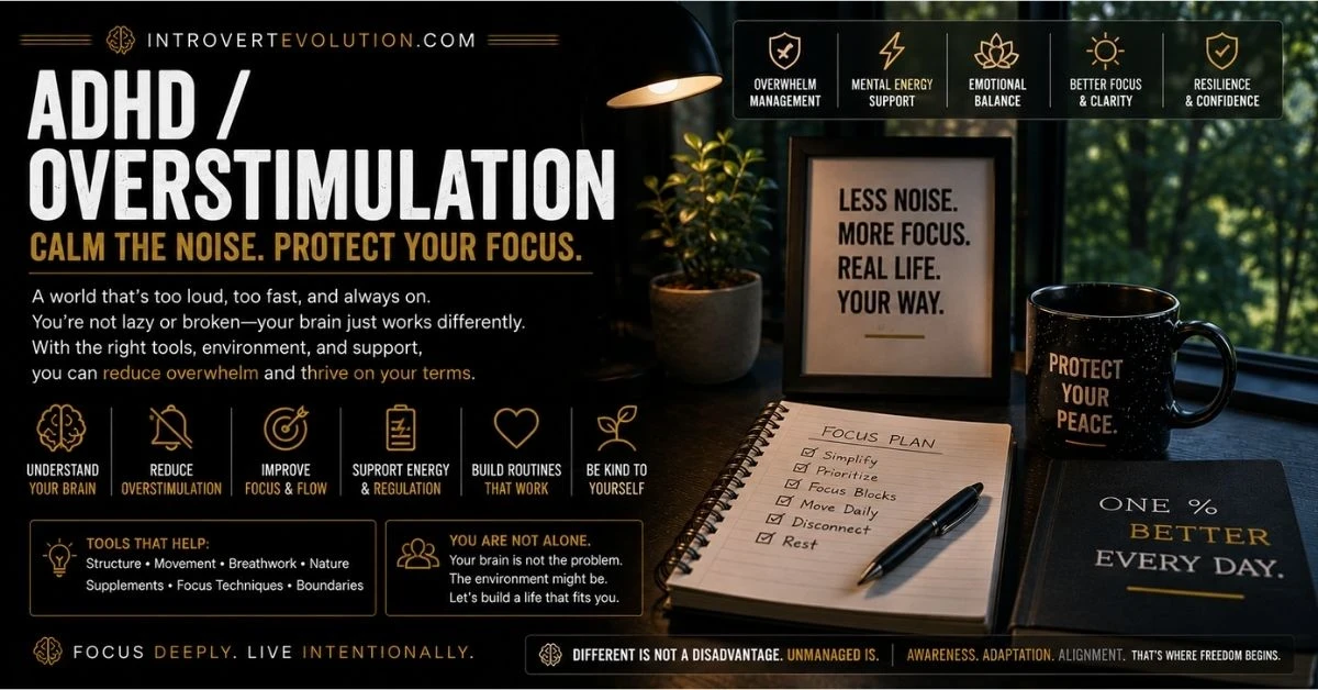 ADHD and overstimulation workspace setup with focus planner, calming environment, and productivity tools representing reduced overwhelm, mental clarity, emotional balance, and calmer focus.