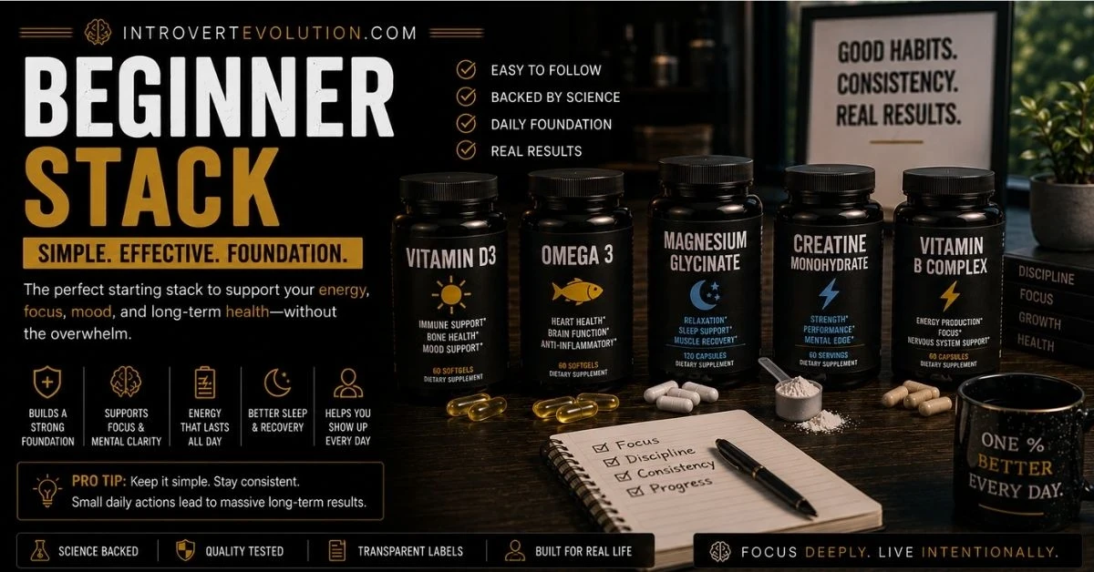 Beginner supplement stack with omega-3, magnesium glycinate, creatine, vitamin B complex, and productivity workspace representing simple daily support for focus, energy, recovery, and mental clarity.
