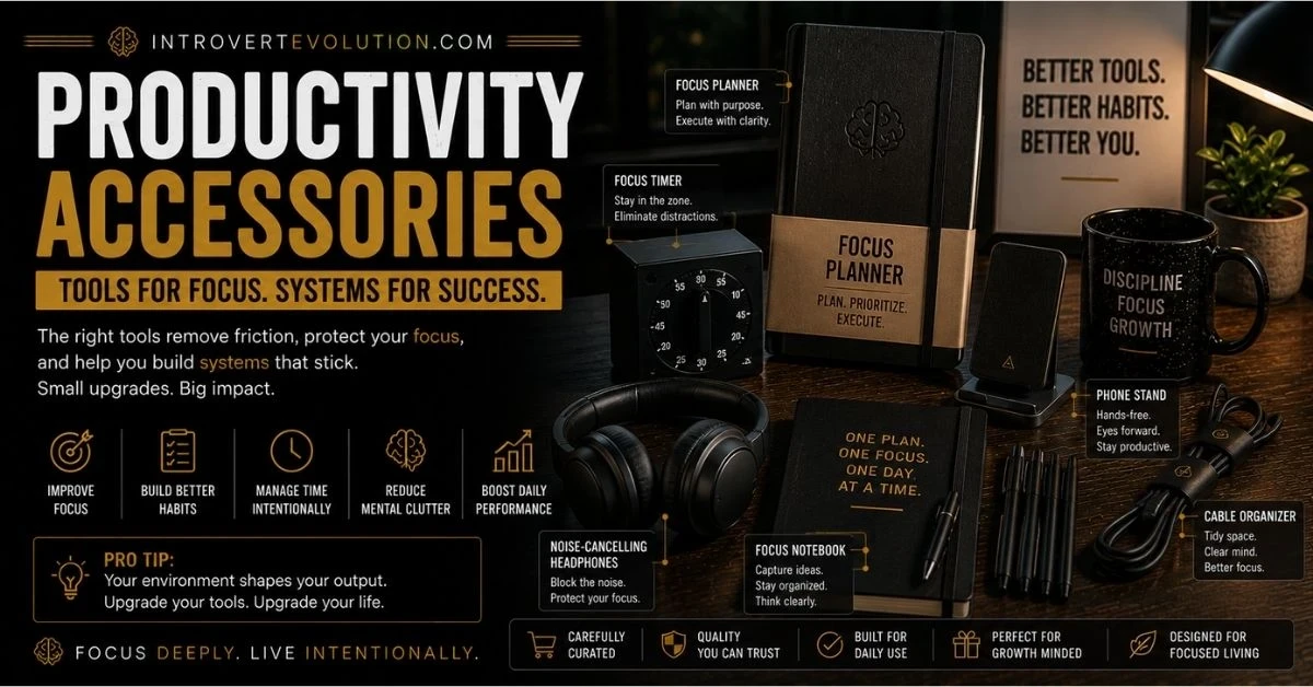 Productivity accessories including headphones, planners, focus notebook, timer, and workspace tools designed to improve focus, organization, deep work, and mental clarity.