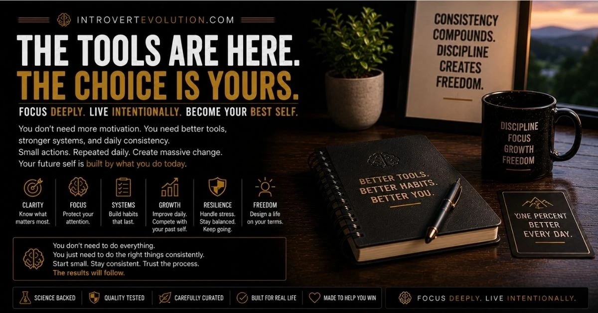 Minimalist productivity workspace with planner, coffee mug, and motivational focus setup representing discipline, consistency, mental clarity, intentional living, and sustainable self-improvement.