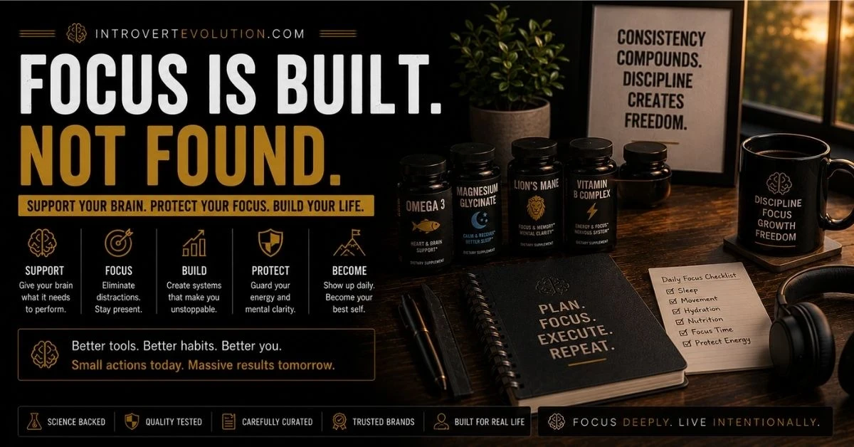 Cinematic productivity workspace with supplements, planner, headphones, and motivational setup representing focus, discipline, mental clarity, consistency, and intentional living.
