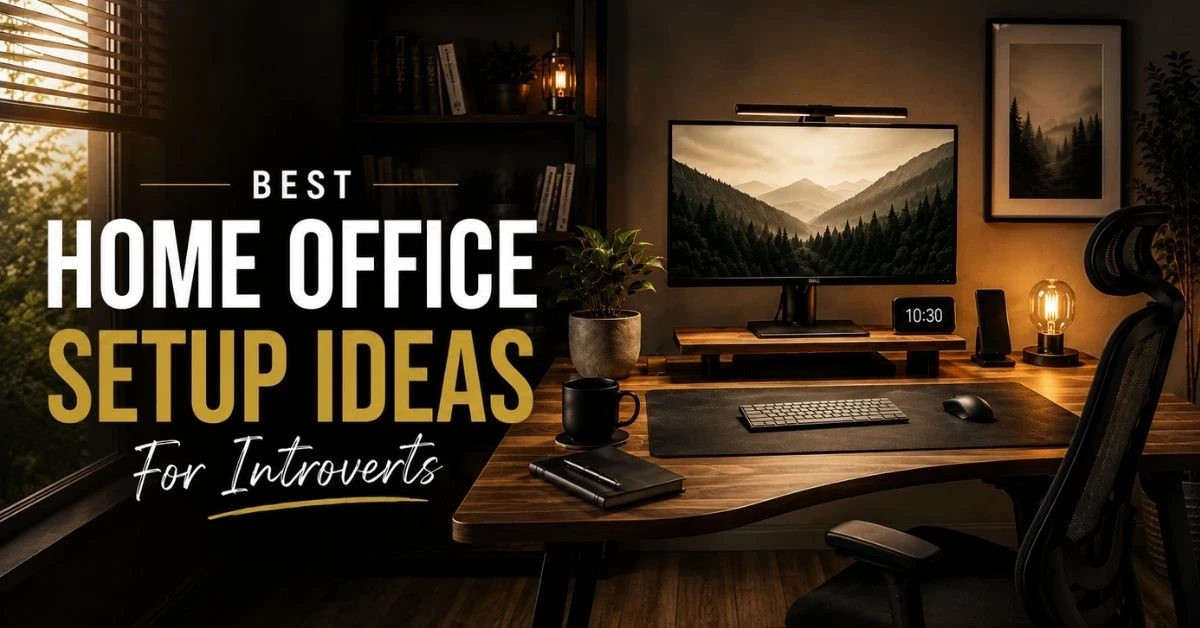 Minimalist and cosy home office setup for introverts featuring warm lighting, ergonomic chair, modern desk setup, monitor light bar, and productivity-focused workspace design.