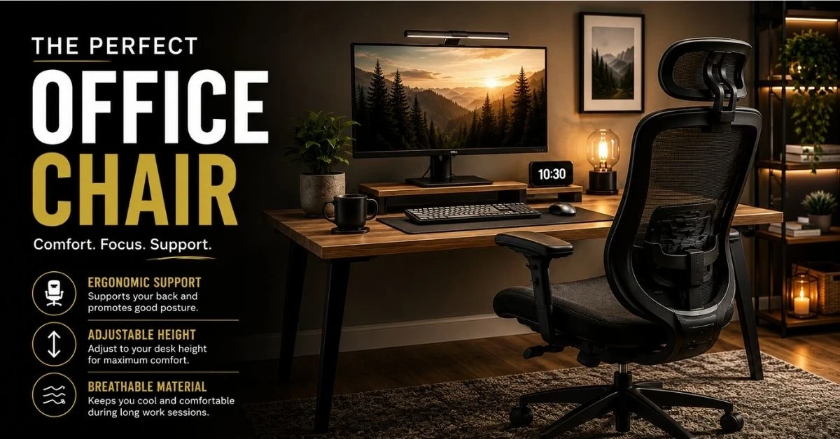 Minimal ergonomic office chair setup with warm lighting and modern home office workspace