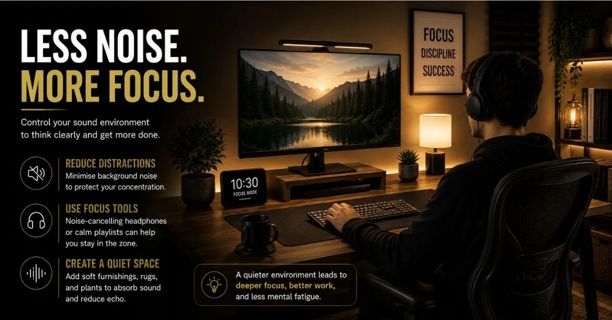 Noise reduction home office setup with headphones and quiet workspace designed for improved focus and productivity