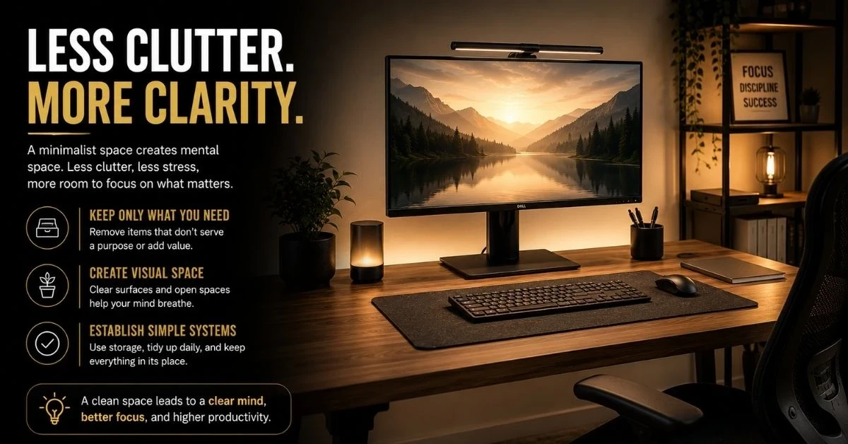 Minimalist workspace with clean desk setup designed for focus, organisation, productivity, and reduced distractions