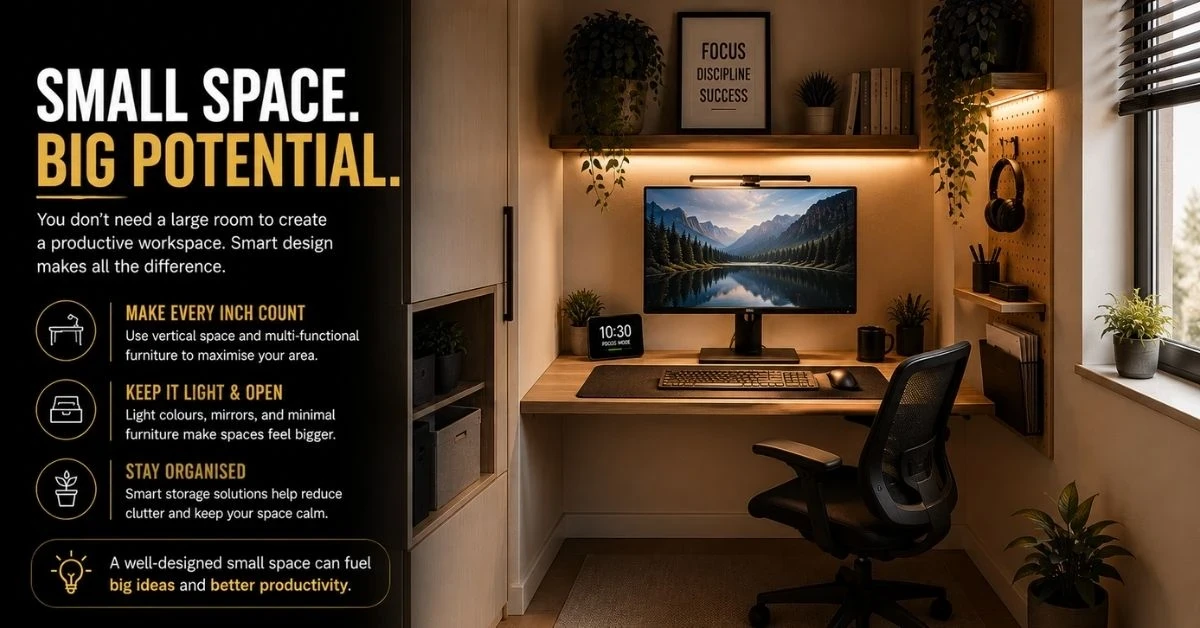 Small space home office setup designed for productivity, organisation, comfort, and focus in limited spaces