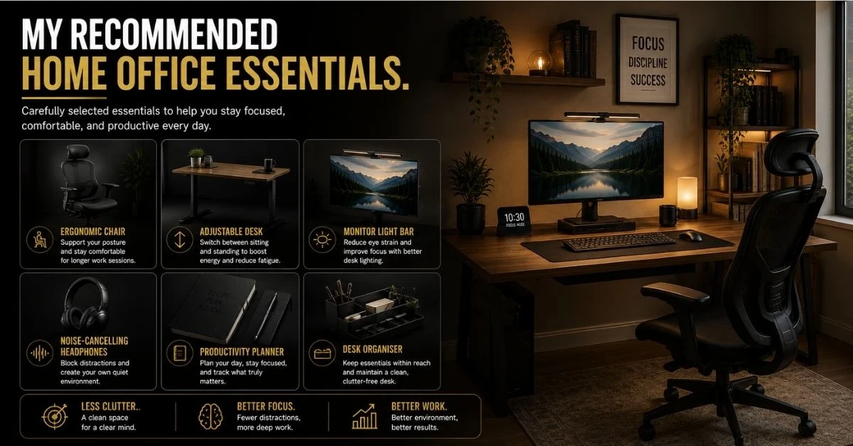 Best home office essentials for focus, productivity, comfort, and organisation while working from home