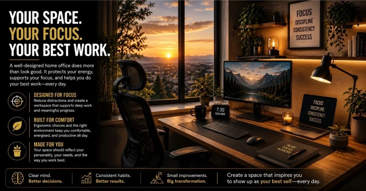 Motivational home office setup designed for focus, productivity, comfort, and long-term success while working from home