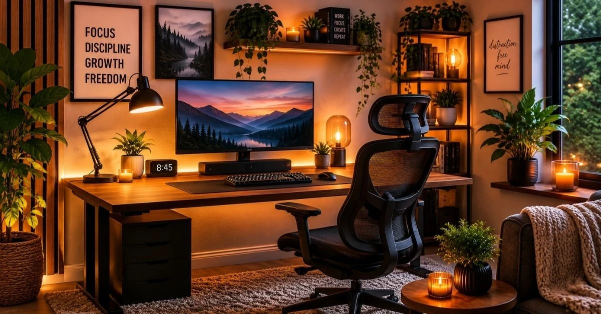 Warm and cozy home office workspace featuring an ergonomic chair, plants, ambient lighting, and minimalist desk setup for productivity and focus.