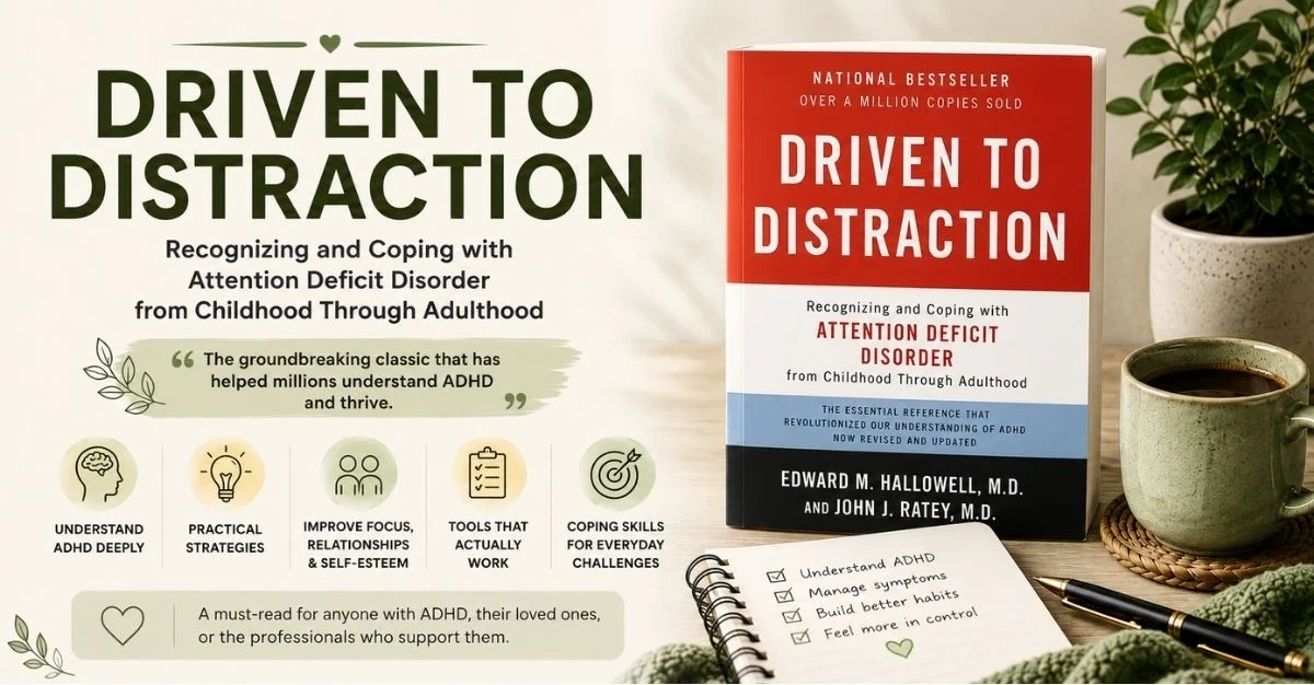 Driven to Distraction ADHD book graphic with calm workspace and productivity theme.