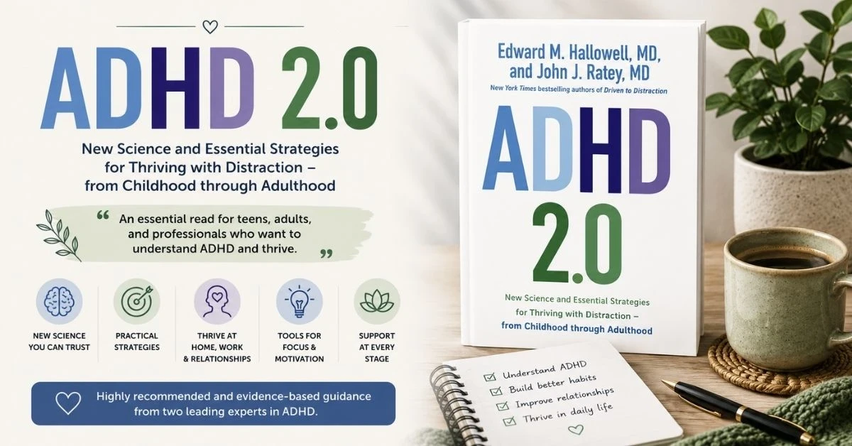 ADHD 2.0 book graphic with calm workspace and productivity theme.