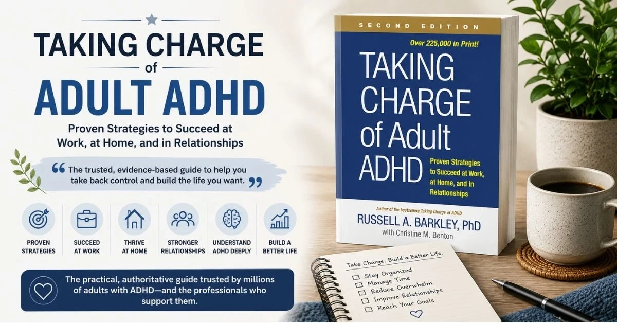 Taking Charge of Adult ADHD book graphic with productivity and organization theme.