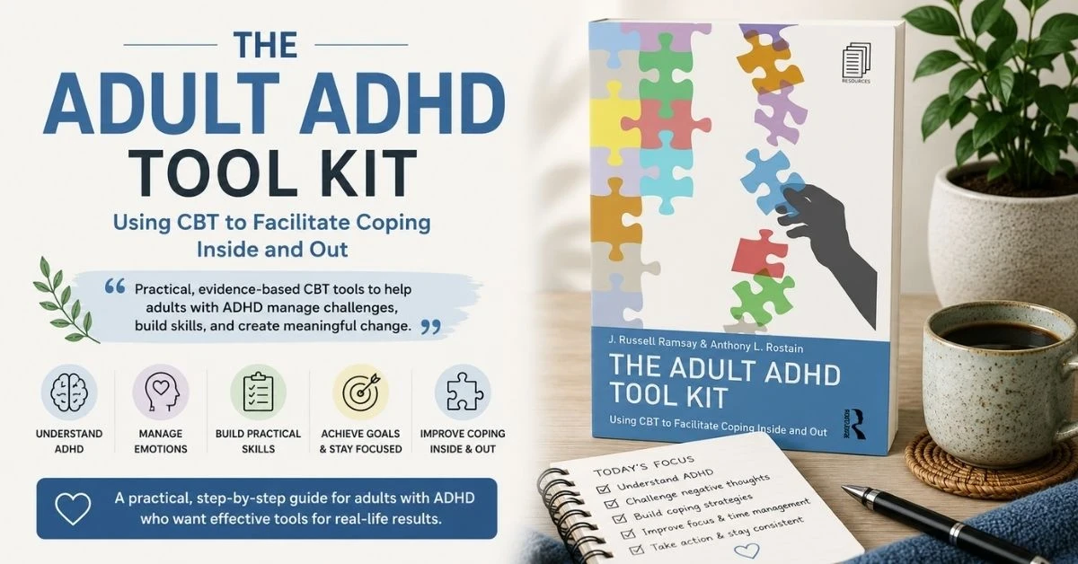 The Adult ADHD Tool Kit book graphic with CBT and productivity theme.