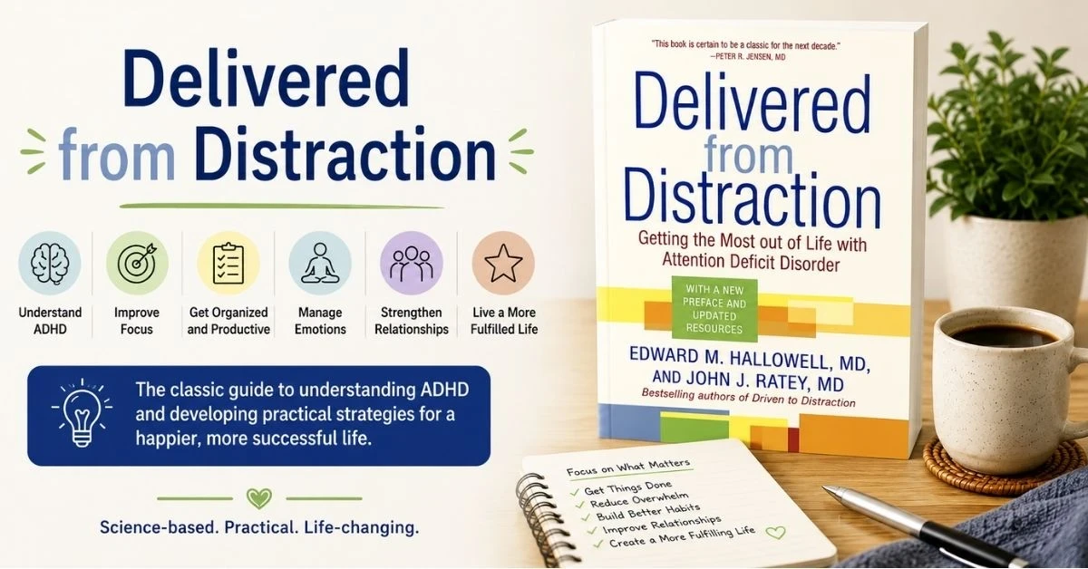 Delivered from Distraction ADHD book graphic with focus, productivity, and life management theme.