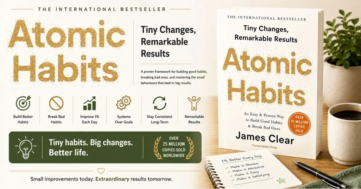 Atomic Habits book graphic with habit building and productivity theme.