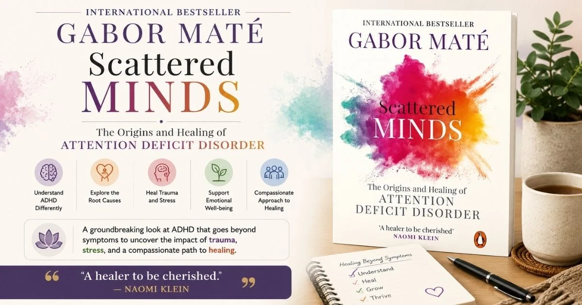 Scattered Minds ADHD book graphic with emotional healing and self-understanding theme.