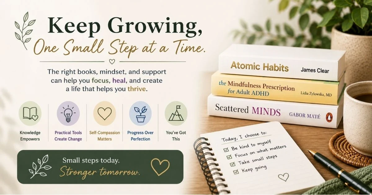 Inspirational ADHD self-growth graphic with books, journaling, and personal development theme.
