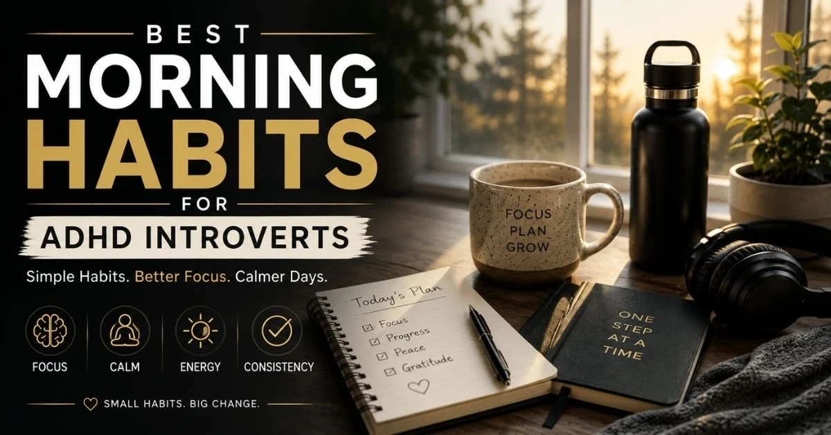 Minimalist morning routine setup for ADHD introverts featuring a journal, coffee mug, headphones, water bottle, and calming workspace with the text “Best Morning Habits For ADHD Introverts”.