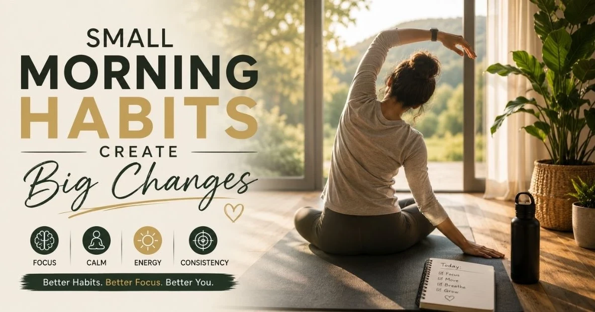 Minimalist morning wellness scene featuring stretching, yoga, sunlight, plants, and calming movement with motivational text about small morning habits creating big changes for ADHD introverts.