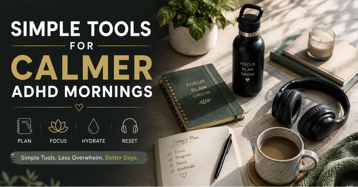 Minimalist ADHD morning tools setup featuring a planner, journal, headphones, water bottle, coffee mug, and calm workspace with motivational text about focus and calmer mornings.