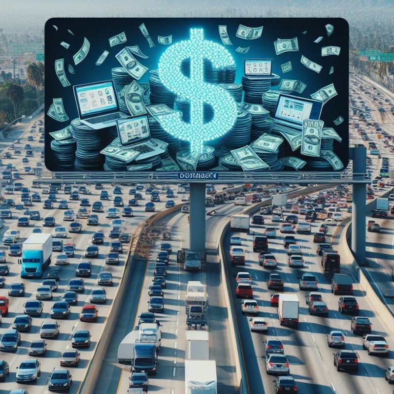 Traffic with a billboard showing money signs and laptops