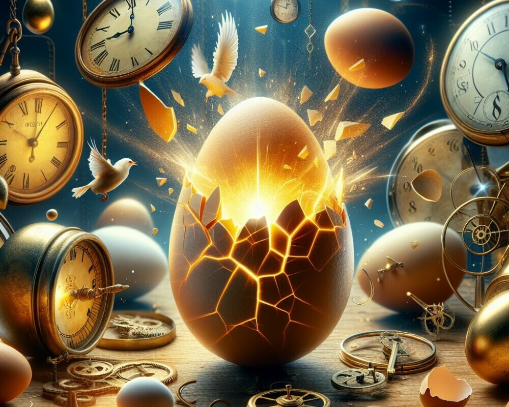 Clocks surrounding a cracked egg with gold shining out