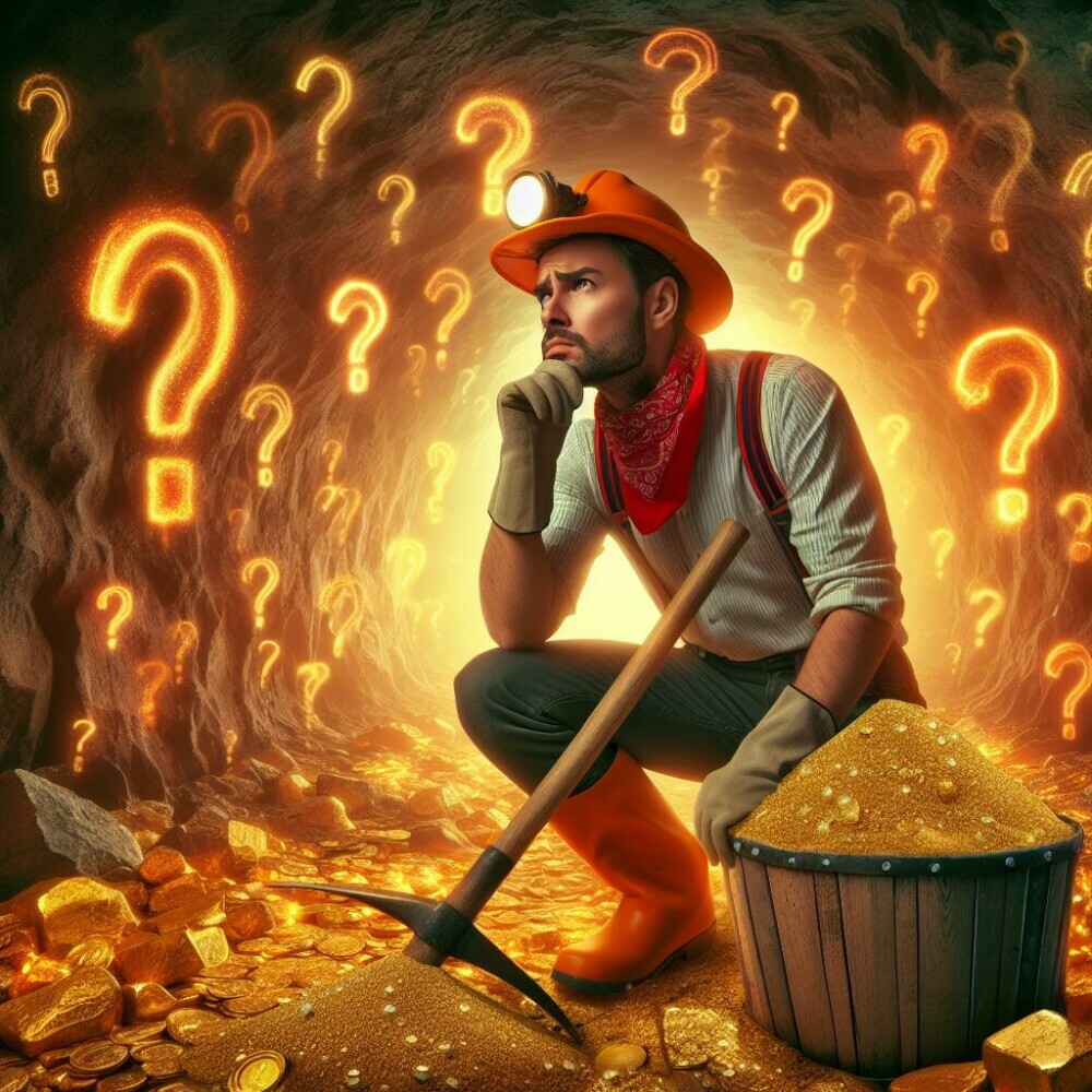 A miner discovering a gold mine with question marks