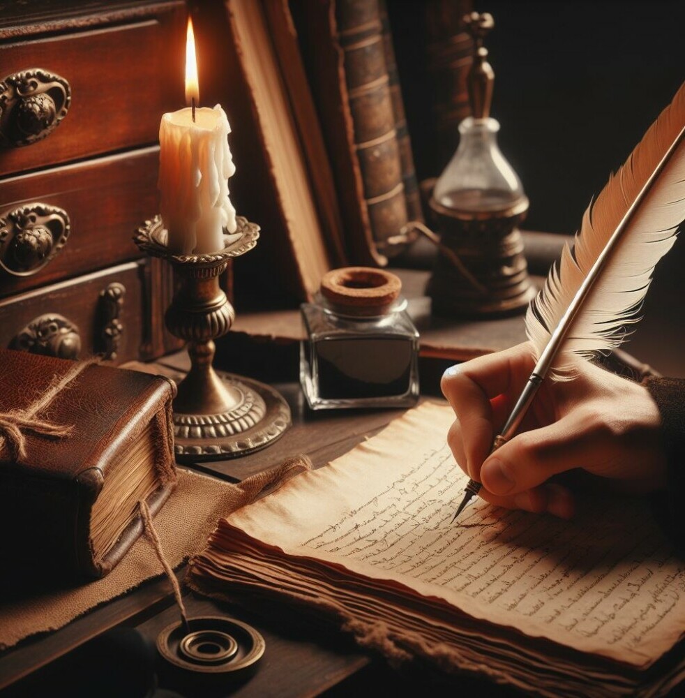 Hands using a Quill to write at a desk by candlelight 