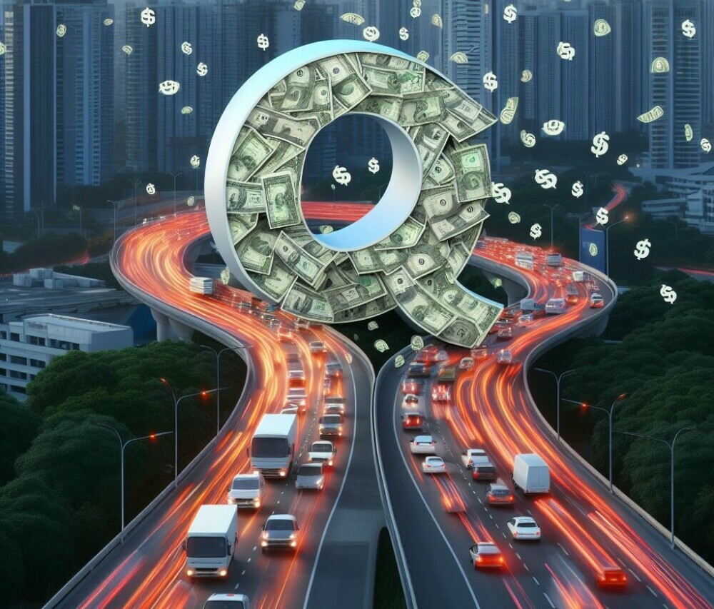 Quora logo filled with money, traffic flying all around it