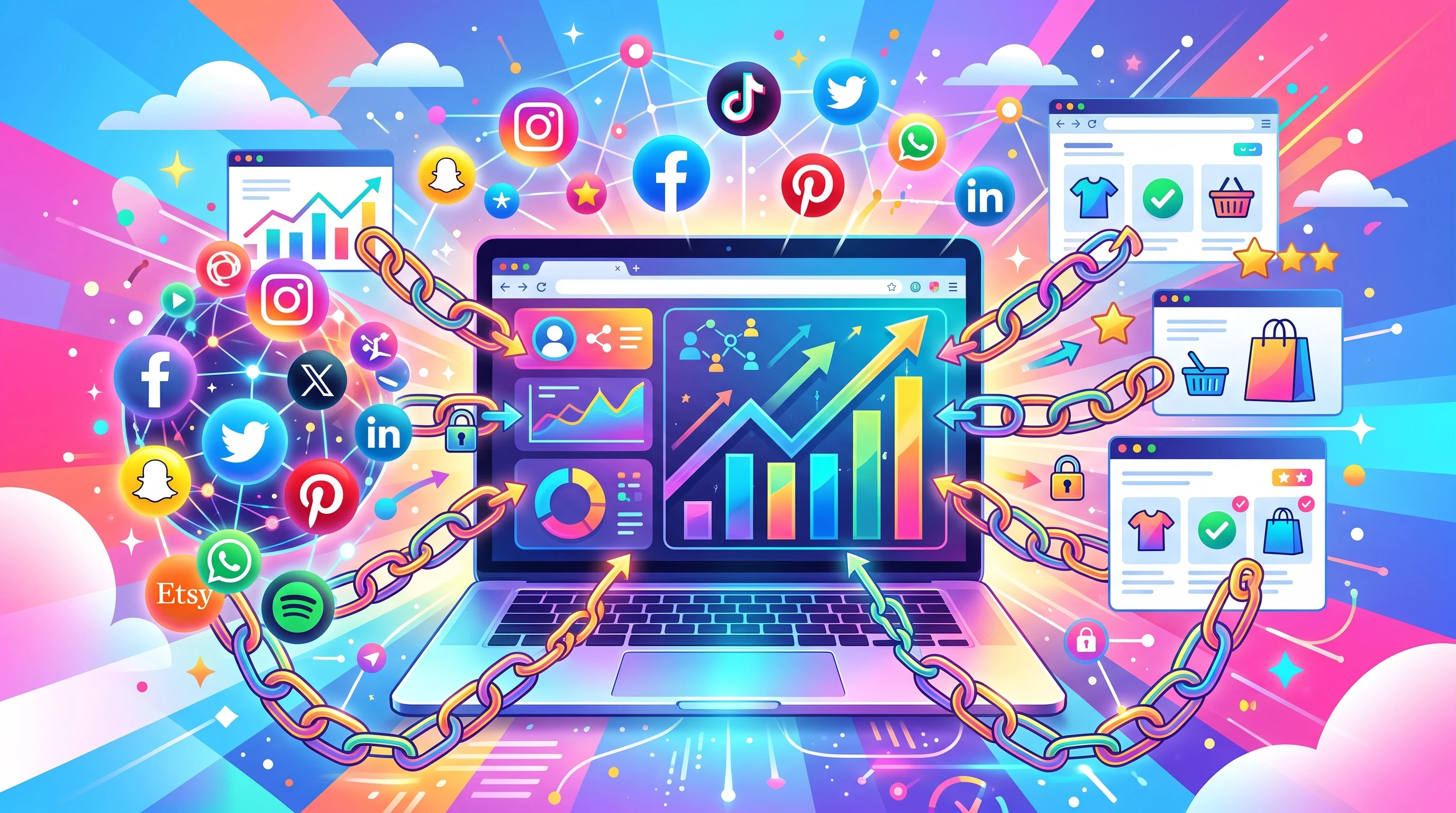 Illustration of a laptop, social media icons, and affiliate links interconnected on a vibrant background.