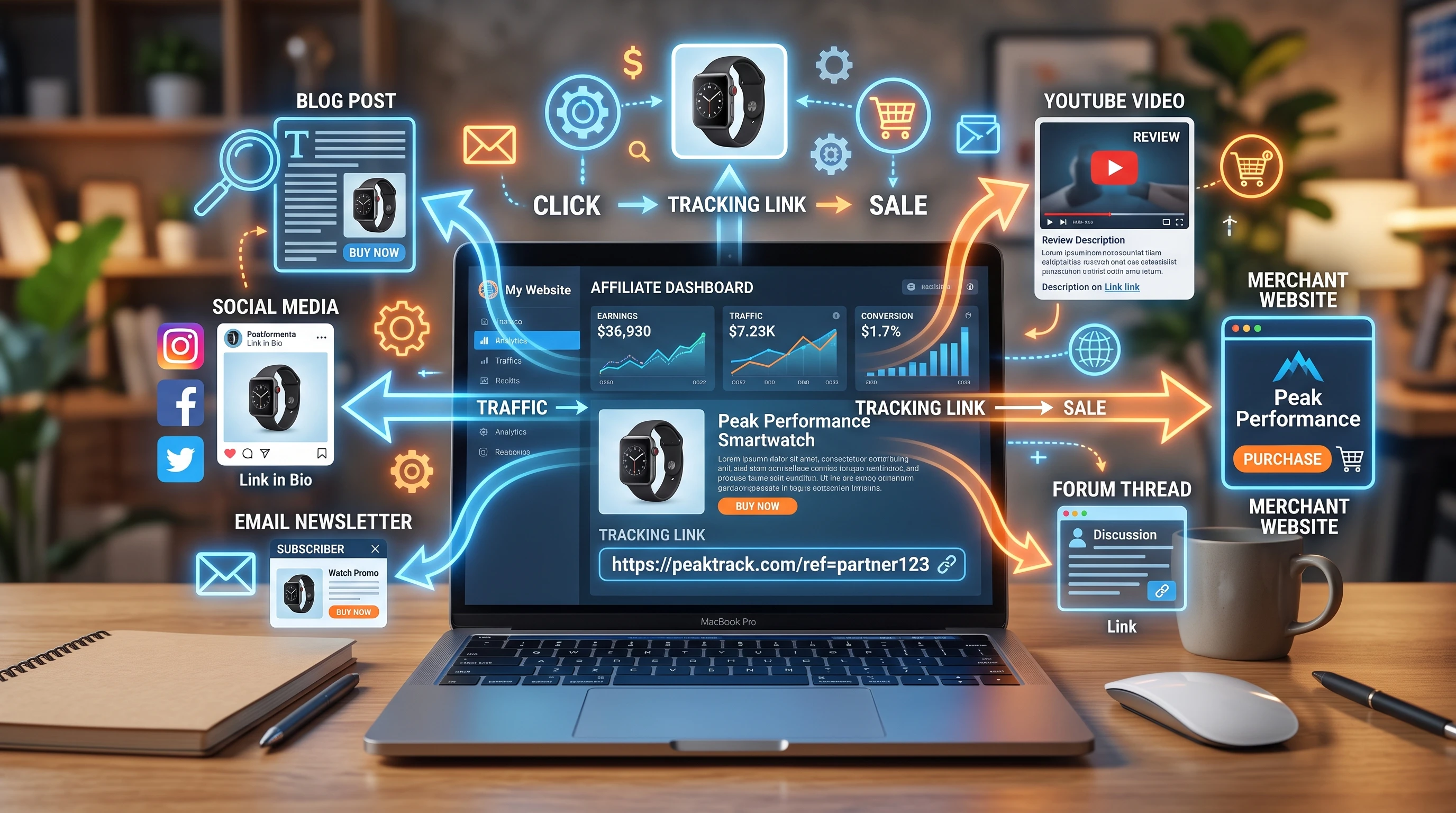 An illustration showing a laptop, marketing icons, and various digital platforms interconnected to show affiliate marketing without an audience