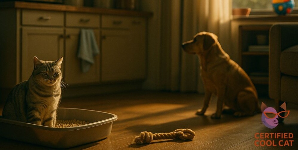 Cat in a wood pellet litter box with dog nearby in a sunlit living room, eco-friendly pet care items on counter